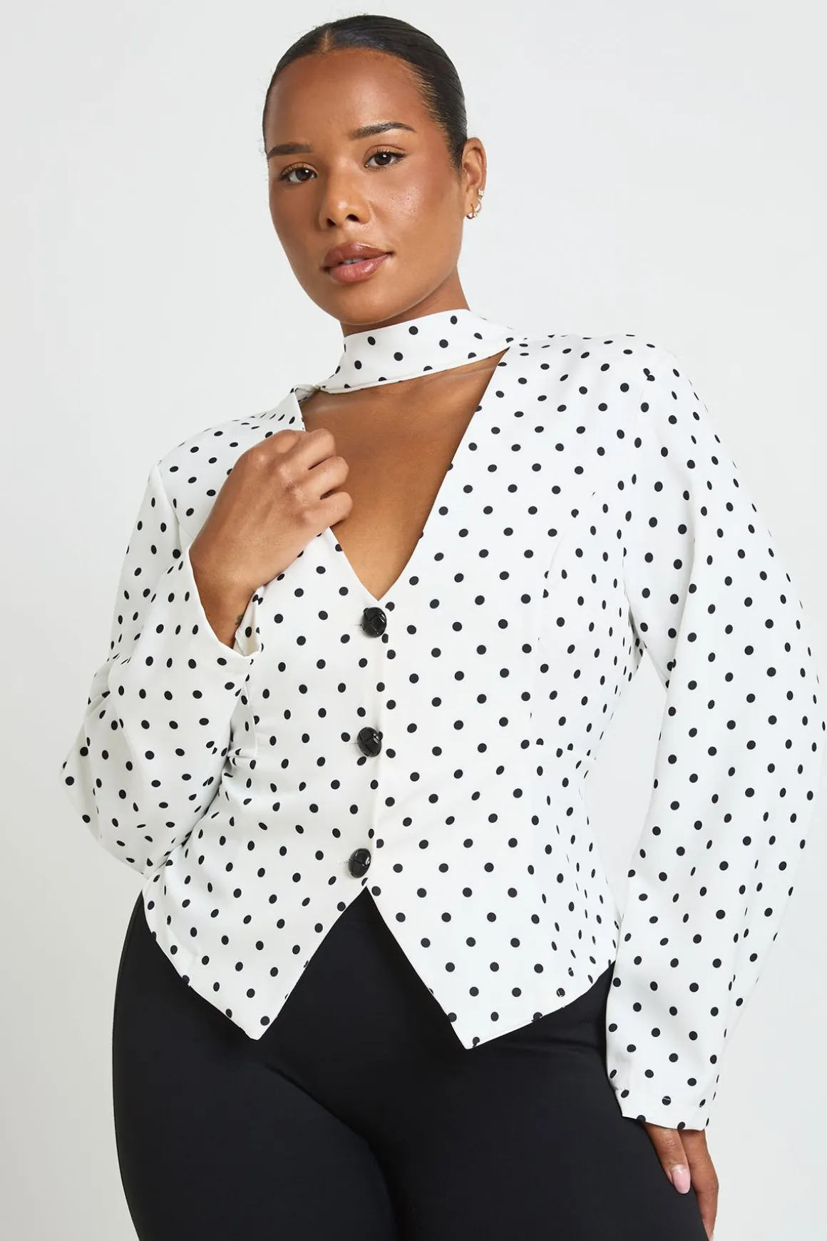 Blazer Ajusté Grande Taille À Détail Foulard Et Pois
