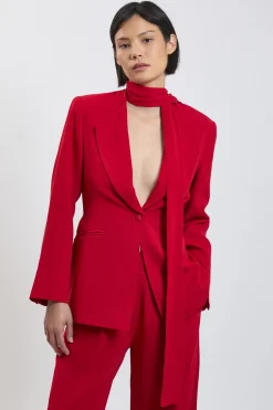 Blazer Ajusté Petite Taille En Viscose Stretch Compacte Avec Col À Nouer