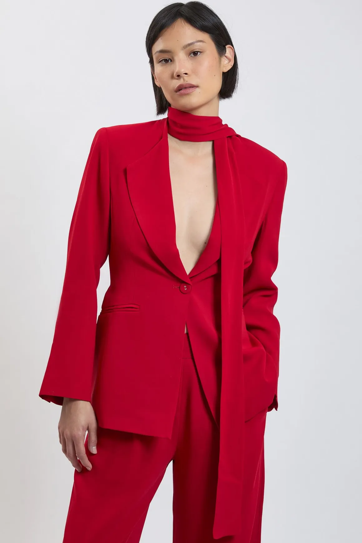 Blazer Ajusté Petite Taille En Viscose Stretch Compacte Avec Col À Nouer