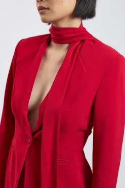Blazer Ajusté Petite Taille En Viscose Stretch Compacte Avec Col À Nouer