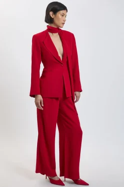 Blazer Ajusté Petite Taille En Viscose Stretch Compacte Avec Col À Nouer