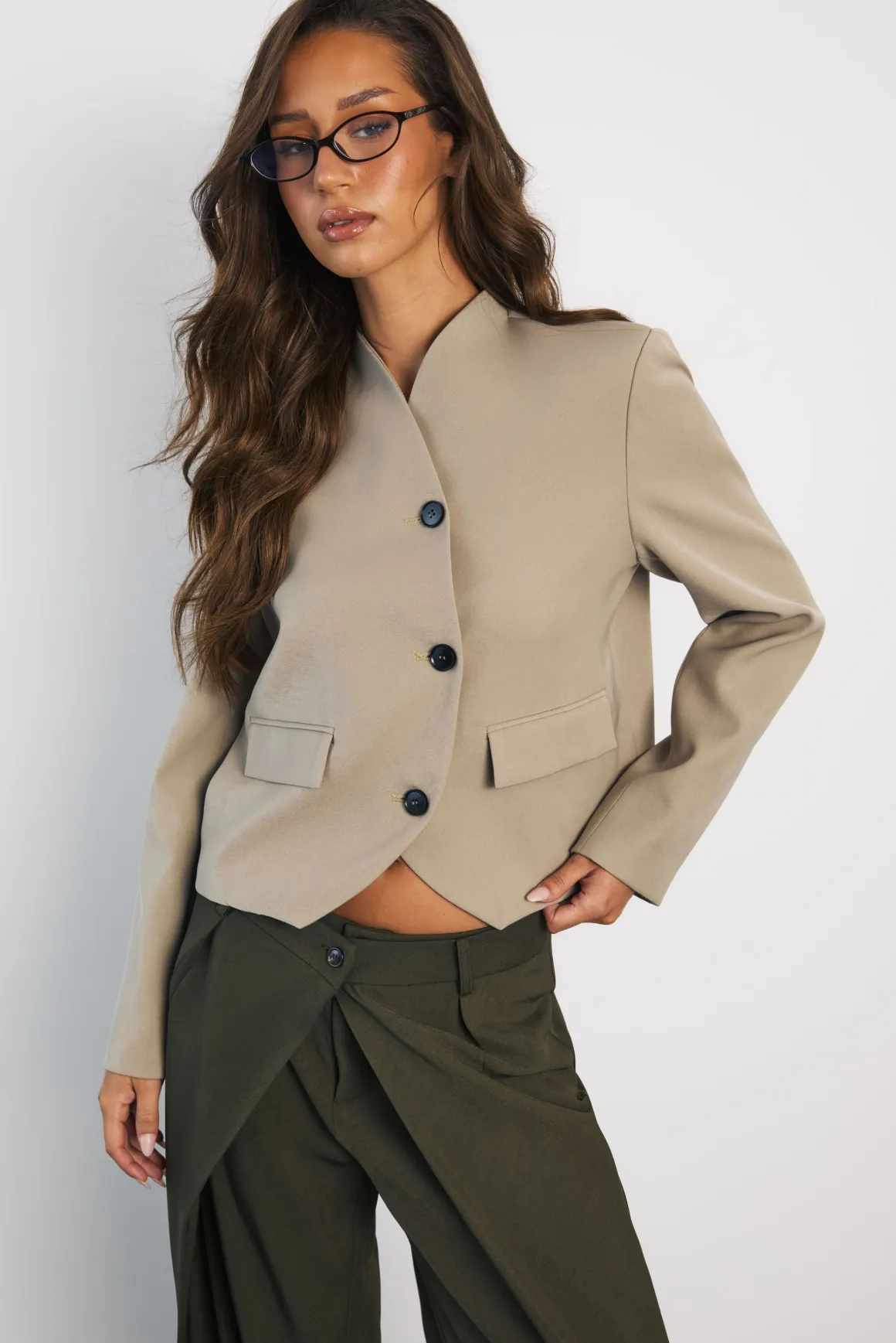 Blazer Boxy Col Montant À Ourlet Courbe