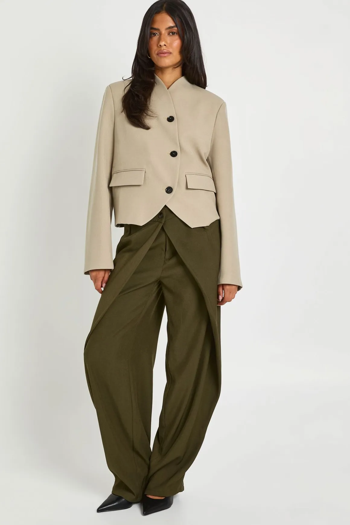 Blazer Boxy Col Montant À Ourlet Courbe
