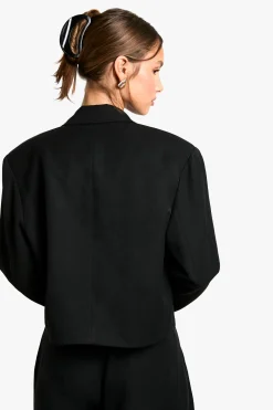 Blazer court boxy à épaulettes en tissu tissé