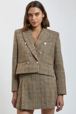 Blazer Court Cintré En Laine À Carreaux