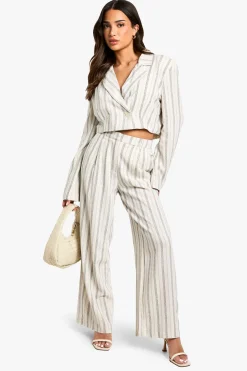 Blazer court à rayures, effet lin – Petite