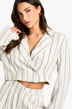Blazer court à rayures, effet lin – Petite