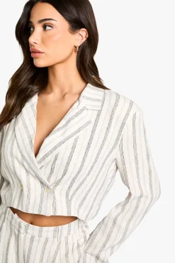 Blazer court à rayures, effet lin – Petite