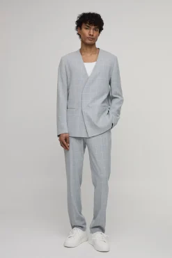 Blazer Croisé Ajusté Sans Col À Carreaux Fenêtre