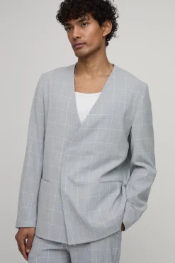 Blazer Croisé Ajusté Sans Col À Carreaux Fenêtre