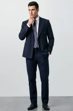 Blazer Croisé Bleu Marine À Larges Revers Texturé