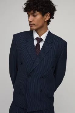 boohooMAN Blazer Croisé Oversize Boxy À Fines Rayures<Homme Ensembles|Tout Afficher
