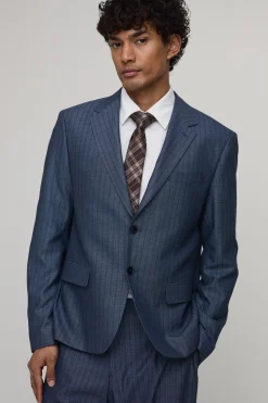 Blazer Décontracté Coupe Ample Aspect Denim Rayé