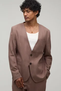 Blazer Décontracté Sans Col Aspect Lin Coupe Ample