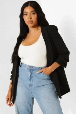 Blazer extensible en tissu tissé à manches froncées