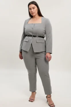 Blazer Grande Taille Cintré Chiné à Col Carré avec Ceinture