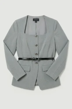 Blazer Grande Taille Cintré Chiné à Col Carré avec Ceinture