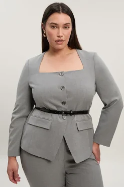 Blazer Grande Taille Cintré Chiné à Col Carré avec Ceinture