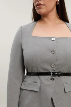 Blazer Grande Taille Cintré Chiné à Col Carré avec Ceinture
