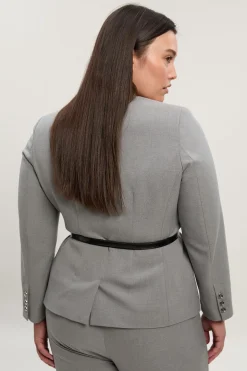 Blazer Grande Taille Cintré Chiné à Col Carré avec Ceinture