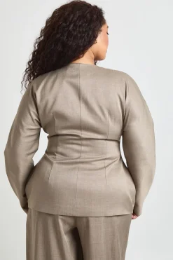 Blazer Grande Taille Col Montant Sans Revers Taille Cintrée
