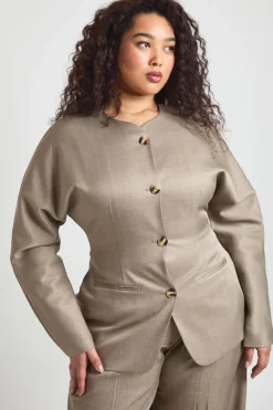 Blazer Grande Taille Col Montant Sans Revers Taille Cintrée