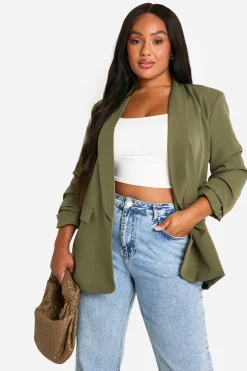 Blazer grande taille à détails de revers et manches froncées