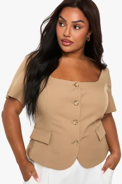 Blazer Grande Taille à Encolure Carrée et Taille Cintrée à Manches Courtes