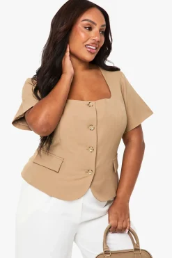 Blazer Grande Taille à Encolure Carrée et Taille Cintrée à Manches Courtes