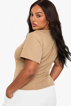 Blazer Grande Taille à Encolure Carrée et Taille Cintrée à Manches Courtes