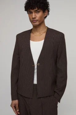 Blazer Oversize Boxy Sans Col À Fines Rayures