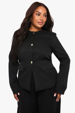 Blazer Peplum Grande Taille Col Rond Boutons Dorés