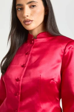 Blazer Péplum Structuré En Satin Avec Boutons