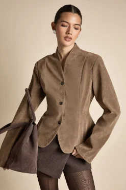 Blazer Sans Col en Synthétique à Taille Cintrée