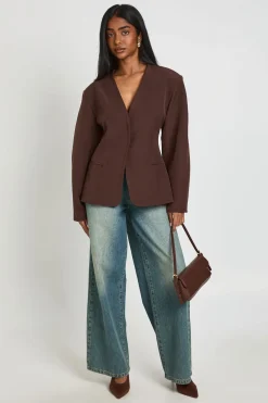 boohoo Blazer Sans Col À Taille Cintrée Et Manches Ballon<Femme Tailleurs|Looks Chocolat