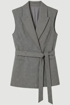 Blazer Sans Manches À Carreaux Souples Avec Détail Cache-cœur Ajusté