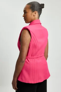 Blazer Sans Manches Ceinturé En Crêpe Structuré Coupe Ajustée Grande Taille