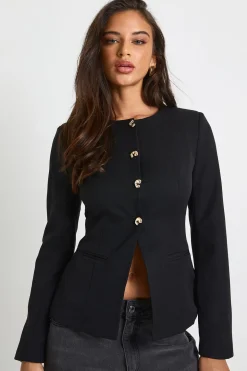 Blazer sur mesure sans col avec garniture dorée