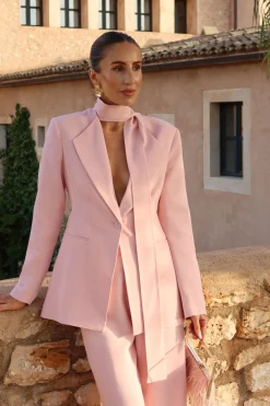 Blazer Tailleur en Viscose Stretch Compact à Col Cravate