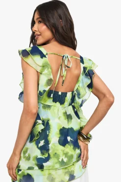 boohoo Blouse asymétrique en chiffon floral à volants<Femme Tops