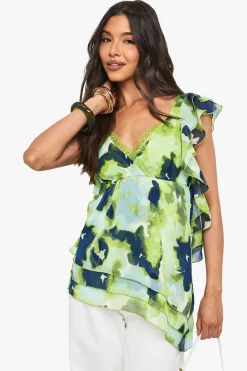 boohoo Blouse asymétrique en chiffon floral à volants<Femme Tops