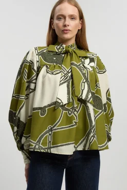 Blouse Ballon Tissée À Imprimé Chaîne Avec Détail Nœud