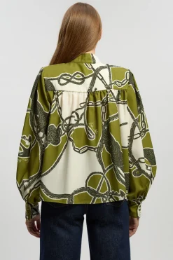 Blouse Ballon Tissée À Imprimé Chaîne Avec Détail Nœud