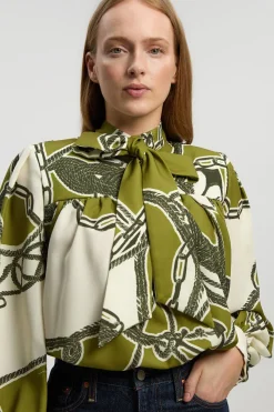 Blouse Ballon Tissée À Imprimé Chaîne Avec Détail Nœud