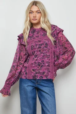 Oasis Blouse Bohème à Détails Plissés et Finitions Dentelle Imprimée<Femme Satin Et Dentelle|Tops