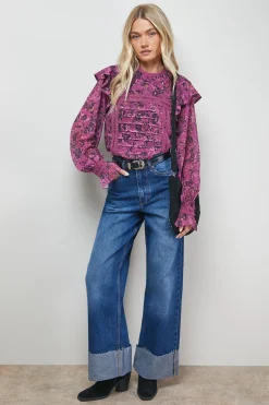 Oasis Blouse Bohème à Détails Plissés et Finitions Dentelle Imprimée<Femme Satin Et Dentelle|Tops