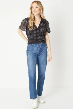 Blouse Cache-Cœur à Pois avec Ourlet Froncé en Mousseline