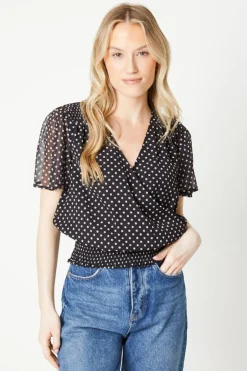 Blouse Cache-Cœur à Pois avec Ourlet Froncé en Mousseline