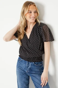 Blouse Cache-Cœur à Pois avec Ourlet Froncé en Mousseline