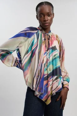Blouse Cape En Mousseline De Soie Froissée À Imprimé Marbré